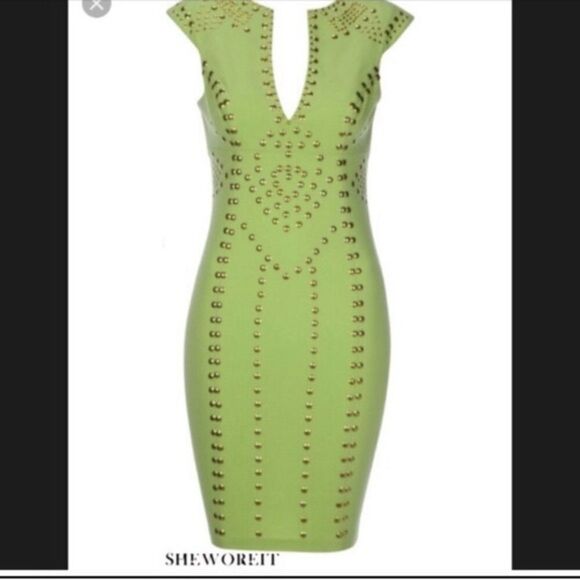 Lipsy Green Studded Mini Dress - Picture 1 of 5